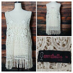 Annabelle Top 1X Cream Crochet Fringe Sheer Boho Hippie Tank 100% Cotton